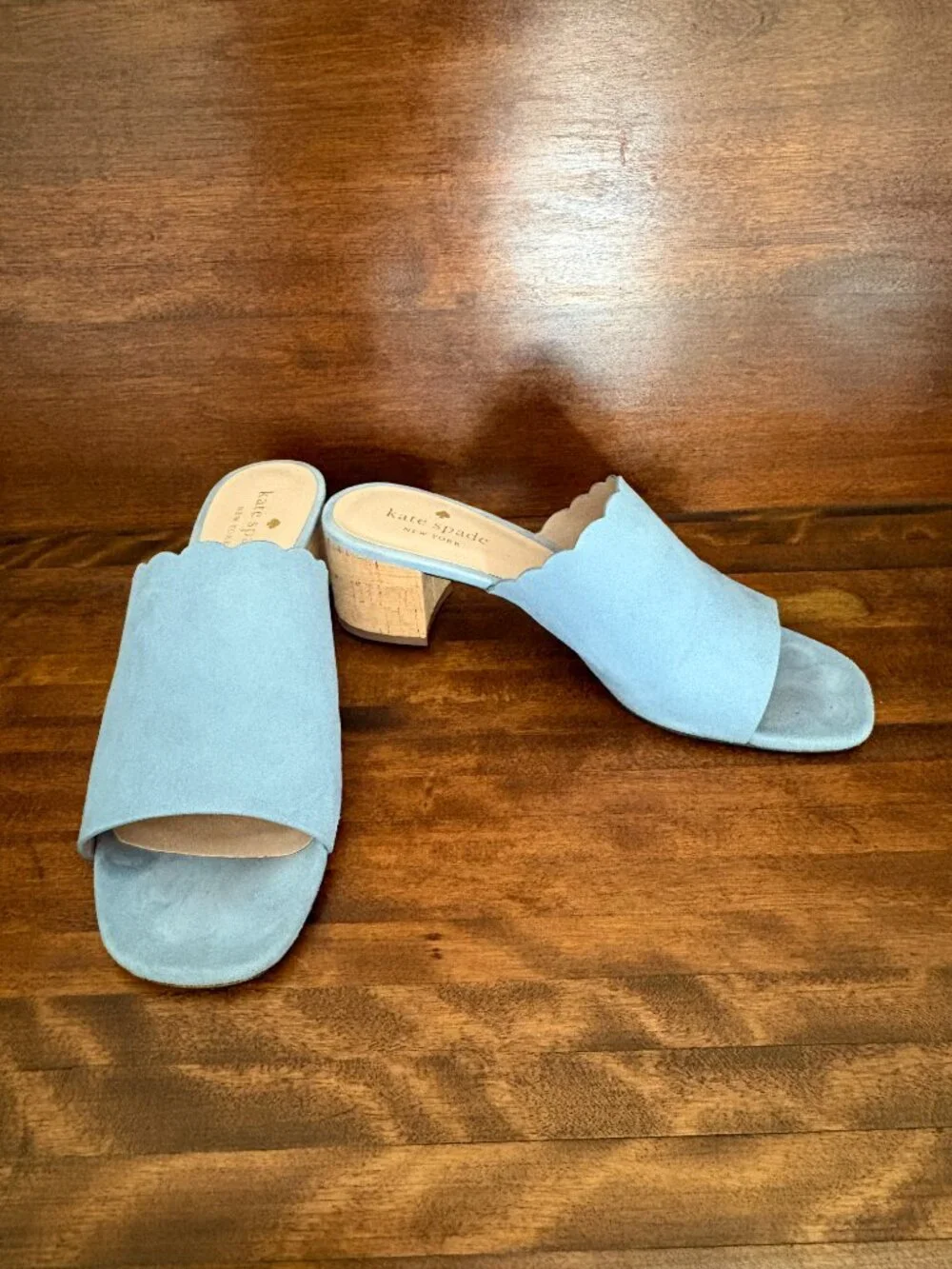 Kate Spade Blythe Blue Suede Scallop Cork Block Heel Mule Sandals Coastal Chic 8